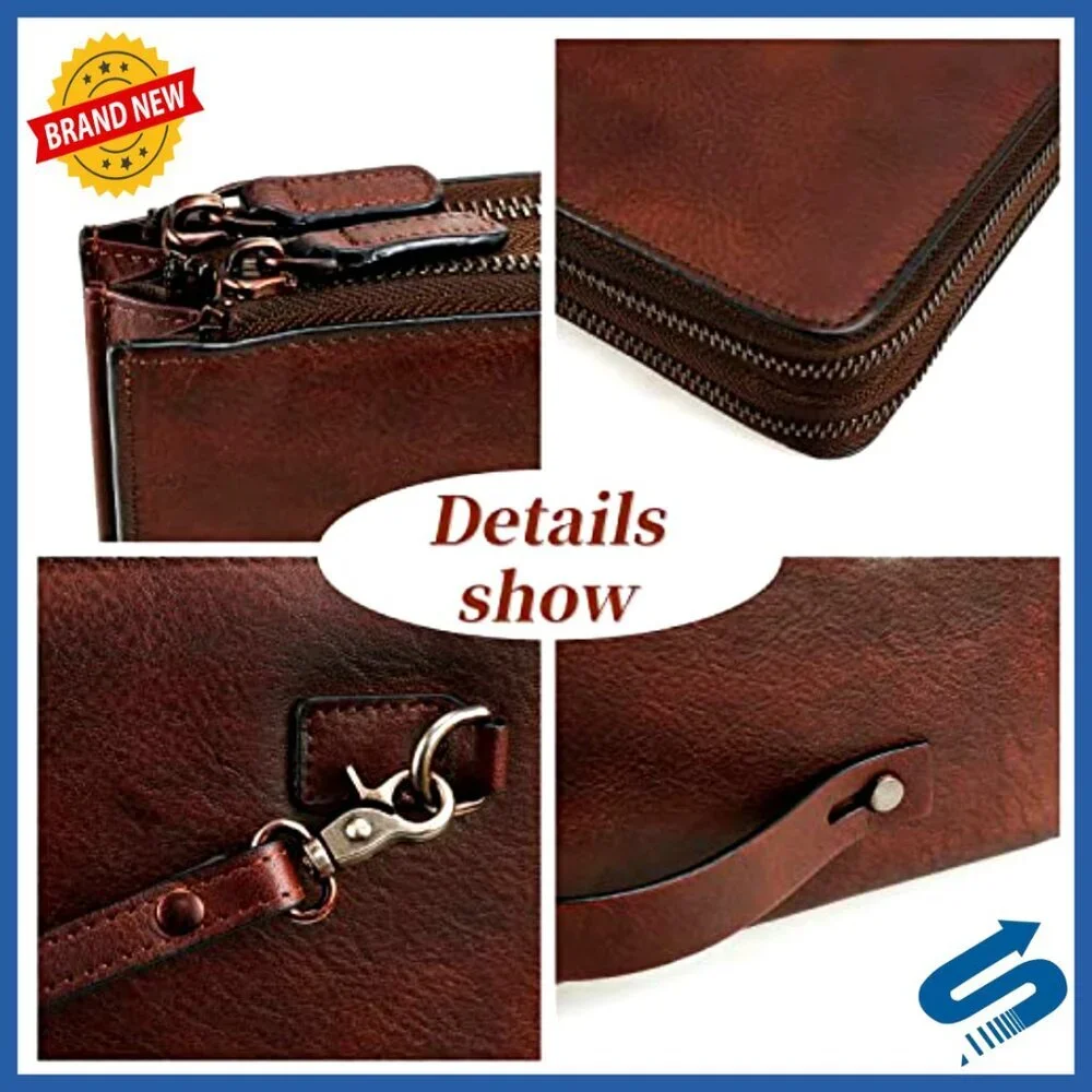 Leather Men's Wristlet Clutch Wallet with 11 Compartments